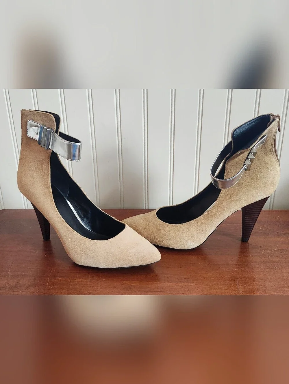Kelsi Dagger Women's Beige Suede Pointed-Toe Ankle-Strap Heels